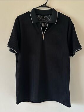 Men's Black Short-Sleeve Zip Polo with Contrast Trim